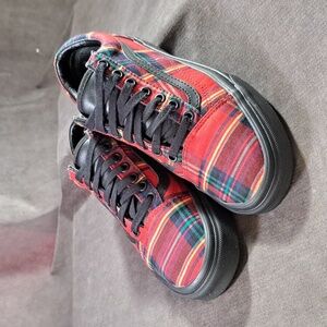Vans Old Skool Red Black Yellow Plaid Mix Canvas Lace Up Sneakers VG US 8